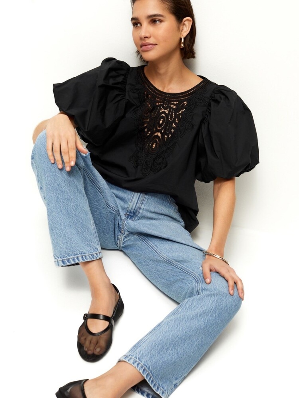 Free People Bardot Black Lace Front Puff Sleeve Boho Blouse Top M